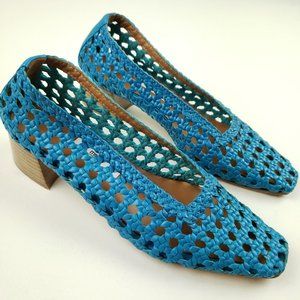 Miista London Noa Raffia Stacked Heel Pumps Blue Net Woven Shoes Size 39 8.5